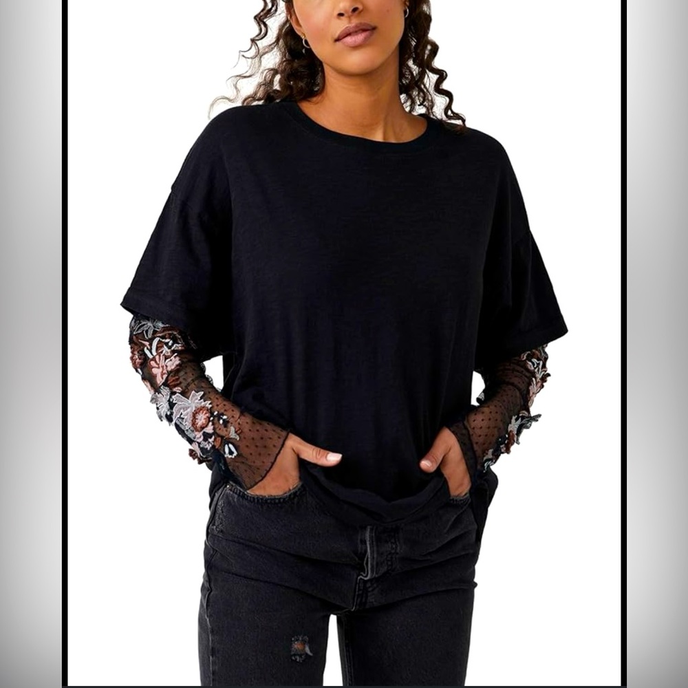 Free People Gardner Embroidered Tee XS